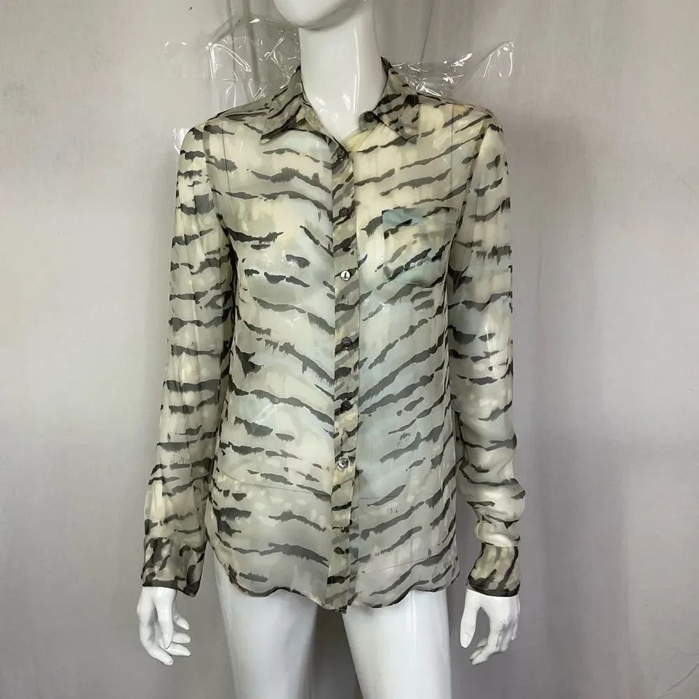 Equipment Cream Black 100% Silk Tiger Print Sheer Button Down Shirt Size XS - Picture 3 of 11